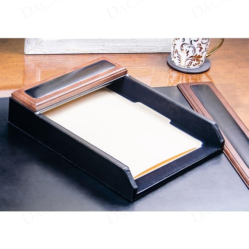 Dacasso Walnut & Black Leather Luxury Letter Tray - Letter Holder & Paper Organization - Executive Desk Surface Protector & Essential Office Decor