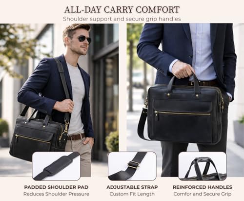 Black Leather Messenger Bag for Men, Genuine Leather Briefcase Fits 15 Inch Work Satchel for Office, Business, and Travel Use