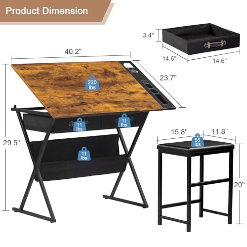 VECELO Drafting Table Art Desk Art Table Adjustable Drawing Table Tilted Tabletop with 2 Storage Drawers and Stool, Drawing Desk for Artist Painters Drawing, Crafting, Reading, Writing, Rustic Brown