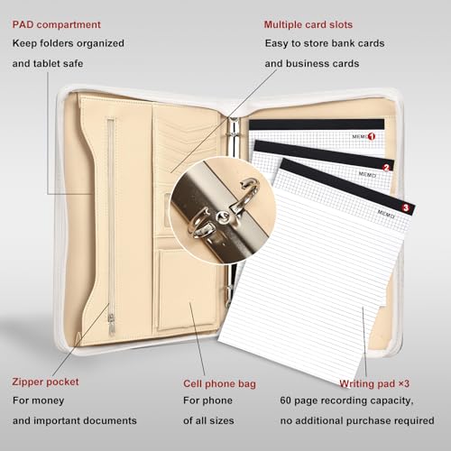 Leathario Portfolio Binder, Includes 5 Folder Index Dividers and 3 Notepads, 3-Ring Folder Organizer, Padfolio with Zipper, Vegan Leather Tablet Sleeve, Business Office Conference Clipboards