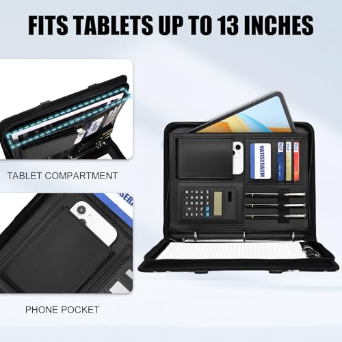 NATISERAUM Portfolio Binder 3 Ring Includes Pen and 5 Dividers with 10 Pockets, Padfolio with Magnetic Handle for Men and Women, Includes A4 Notepad for Business, School, Work Black