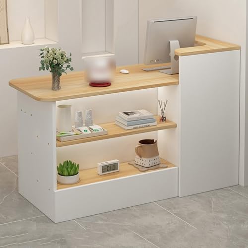 Reception Counter Table, L-Shape Simple Cashier Cabinet With Open Shelves, Modern Retail Checkout Counter With Drawers, Welcome Desk for Convenience Store, Hotel, Beauty Salon