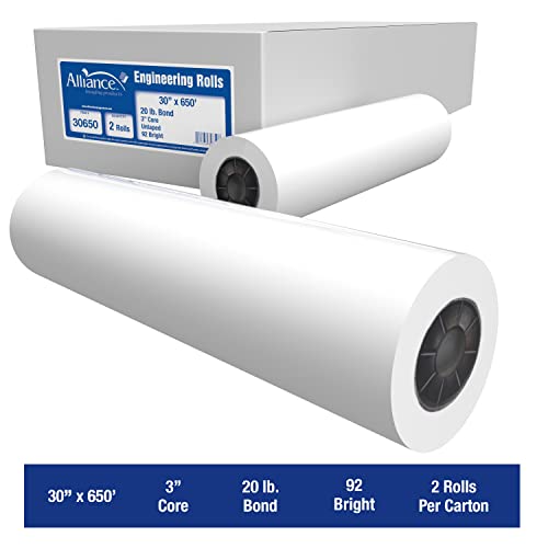 Alliance Wide Format Paper 30” x 650’ Rolls Bond Engineering 92 Bright 20lb - 2 Rolls Per Carton with 3” Core