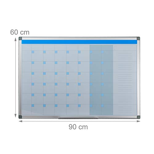 Relaxdays Magnetic Whiteboard, Weekly Planner, for Walls, Wipeable, Planning Pen Tray, Memo Board 60 x 90 cm, White, Iron, 60 x 90 x 5 cm