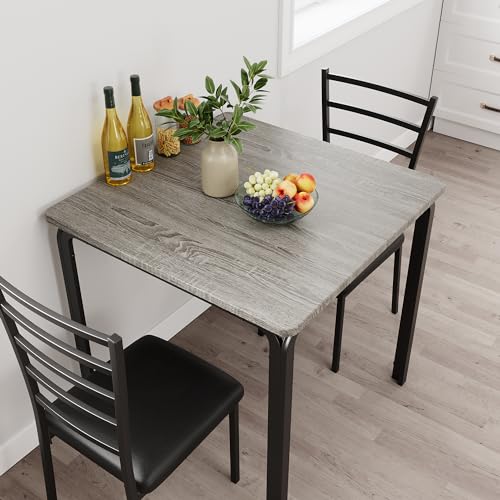 Takywep 3-Piece Dining Table Set for 2, Small Kitchen Table Set with Iron Back Chairs, Square Breakfast Nook Dinette Set with MDF Tabletop and Metal Frame for Small Space, Apartment, Grey