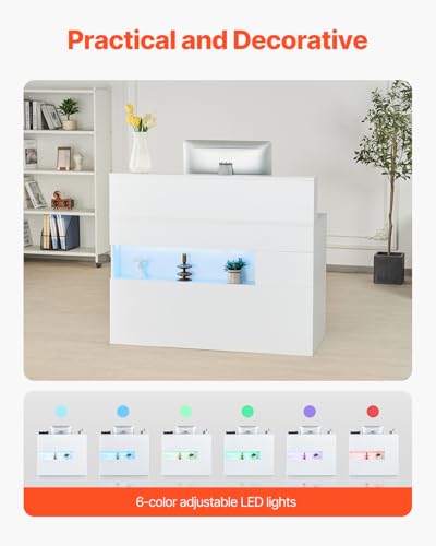 VEVOR Reception Desk, 47 Inch Rectangular Front Counter Table, Office Reception Desk with LED Light, 2 Drawers and Power Outlets, for Checkout, Lobby, Beauty Salon and Office, White