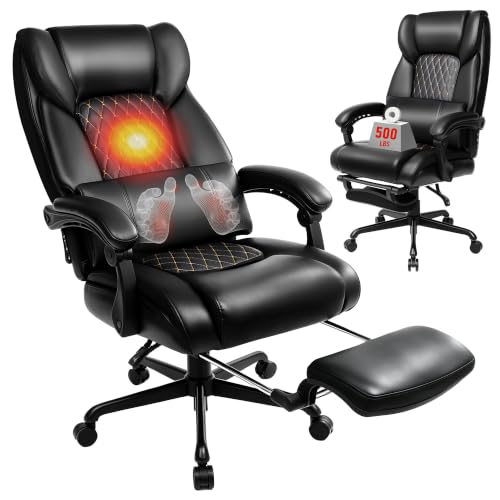 EGSEAT 3D Kneading Massage Office Chair with Heat, 500 lbs Big and Tall Executive Computer Desk Recliner, Leather Electric Heated Chair with Footrest, Black