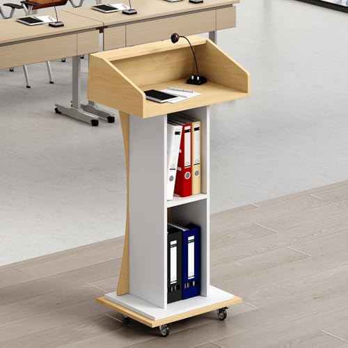 Xibolai Mobile Wooden Podium Stand with Lockable Wheels Modern Presentation Blockboard Lectern Oak Color with Storage Shelves for Office, Church, Classroom, Conference Room