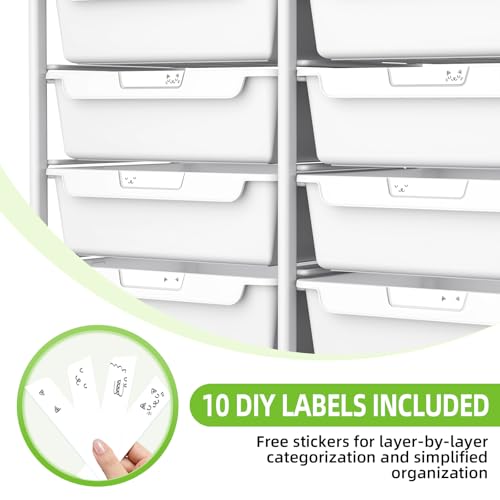 10 Drawers Rolling Cart with Wooden Tabletop, Utility Storage Cart with Wheels, Art Supply Craft Organizer on Wheel with Metal Frame & Handles for Home Office School (Pure White)