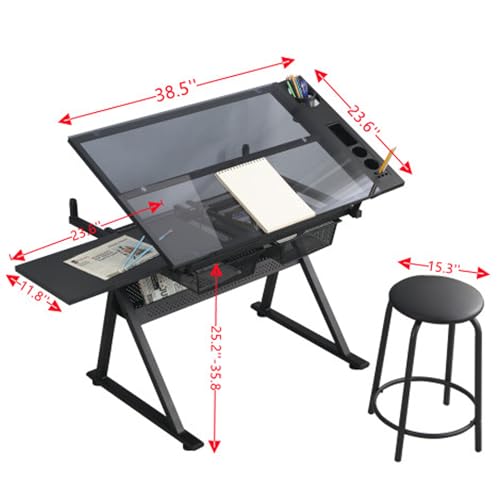 Ufyerutg Glass Drafting Table with Stool, Height Adjustable Drawing Table Art Craft Desk with Storage and Tilted Tabletop for Office School,Artists, Architects, Black
