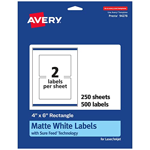 Avery® Matte White Rectangle Labels, Sure Feed® Technology, 4" x 6", 500 White Labels, Print-to-The-Edge, Permanent Adhesive, Laser/Inkjet Printable