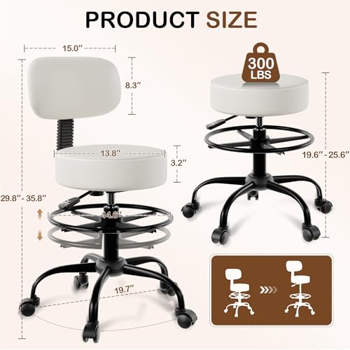 Anunweldo Drafting Chair with Back Support, Adjustable Foot Rest Rolling Stool, 360° Swivel Office Desk Chair with Wheels, Thick Seat Cushion for Home Bar Salon Tattoo Shop (2, White)