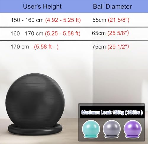 Yoga Ball Chair Birthing Ball Chair for Pregnancy, Yoga Ball Seat for Back Pain Relief, Exercise Ball Chair with Base, Balance Ball Chair for Office Home ( Color : Black , Size : Diameter 75cm ( 29 1/