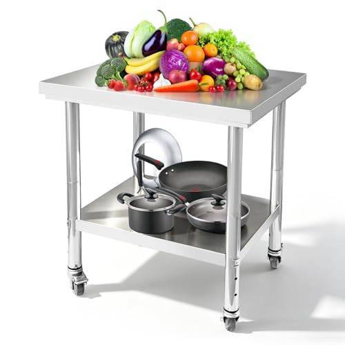 Srehloe Stainless Steel Work Table with 4 Wheels 30 x 24 x 33 Inch Adjustable Metal Commercial Prep Workstation 2-Tier Heavy Duty Mobile Work Station Suitable for Kitchen Restaurant Hotel Garage