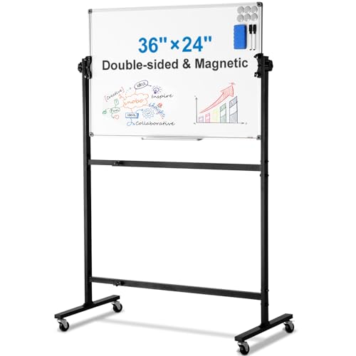 VEVOR Rolling Magnetic Whiteboard, Double-Sided Mobile Whiteboard 36x24 Inches, 360° Reversible Adjustable Height Dry Erase Board with Wheels & Movable Tray for Office, School