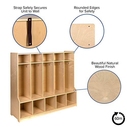 EMMA + OLIVER Wood 5 Section School Coat Locker with Bench