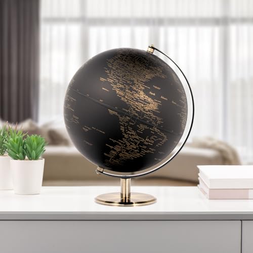 Torre & Tagus Black and Gold Globe for Adults - 8" Rotating Earth Globe Decor on Stand For Home Decor, Office Decoration Desk Globe For Office & Earth Spinning Globe Map Of The World (Black Globe)