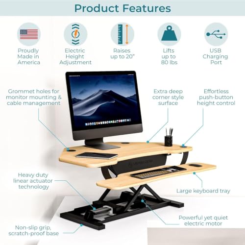VERSADESK PowerPro 36 Inch Electric Corner Standing Desk Converter, Motorized Height Adjustable Sit-Stand Desk Riser, Dual Monitor & Laptop Workstation with Keyboard Tray, Maple