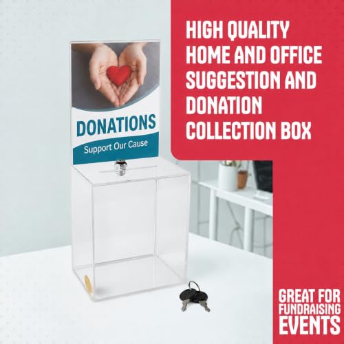 Extra Large Suggestion and Donation Box, Size 16" x 8" x 6" Clear Donation Box for Fundraising with Lock & Display Sign Holder, Raffle Ticket Box, Tip Box, Secure Ballot Box with Slot(2 Pack)