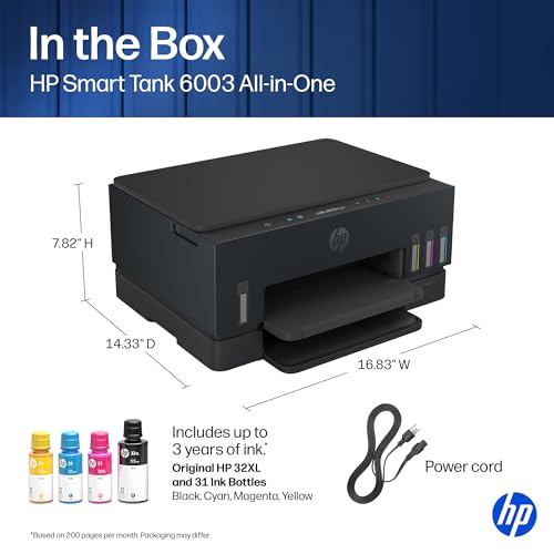 HP Smart Tank 6003 Wireless All-in-One Ink Tank Printer, Scanner, Copier with up to 3 Years of Ink Included, Best-for-Home, Cartridge-Free Refillable, AI-Capable (D35XXA)