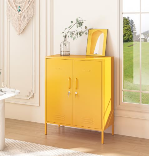 Aiasuit Yellow 2-Door Lockable Metal Storage Cabinet, Heavy Duty 3-Tier Tall Locker with Removable Shelves, Multifunctional Accent Cabinet for Home, Office, Entryway & Hallway, Easy Assembly