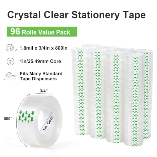 BOMEI PACK 96 Rolls Transparent Tape Refills Each Roll 3/4 x 800 Inches