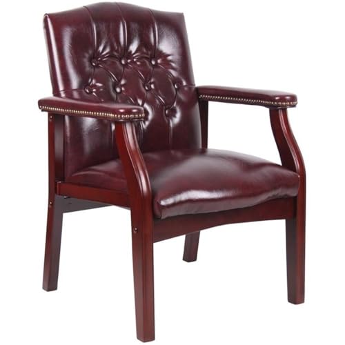 BOWERY HILL Traditional Faux Leather Tufted Guest Chair, Oxblood Red Upholstery, Mahogany Wood Base, Button Tufted Design, Hand Antique Brass Nails, 35.5" H x 24.5" W x 27" D, Home or Office Seating