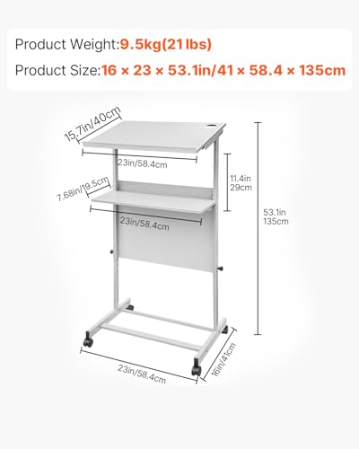 VEVOR Portable Floor Lectern, Height Adjustable, Wheeled Lectern with Dual-Layer Storage Shelf, Teacher Speaker Standing Desk, Podium Stand Classroom Presentation Stand for Speech, Church