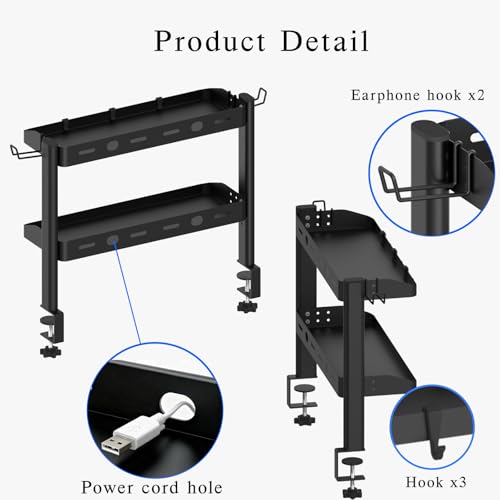 Clamp on Desk Shelf, 17in 2-Tier Office Desk Shelves Organizer, Small Shelf for Top of Desk with Headphone Holder and Hooks, Desktop Storage Rack for Home Workspace, Study Rooms, Gaming Accessories