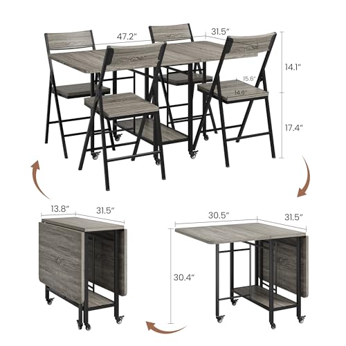 GarveeHome Folding Dining Table and Chairs Set, Drop Leaf Foldable Kitchen Table with 4 Chairs, Folding Dinner Table Set with Storage & Lockable Wheels, Space Saving, for Kitchen or Dining Room, Gray