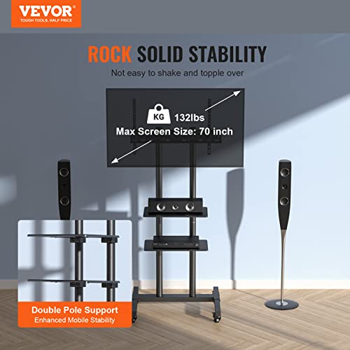 VEVOR Mobile TV Cart for 32 to 70 inch TVs, Height Adjustable Portable TV Stand with Wheels and Double Tray for Audio-Visual Devices, Rolling TV Stand for Living Room