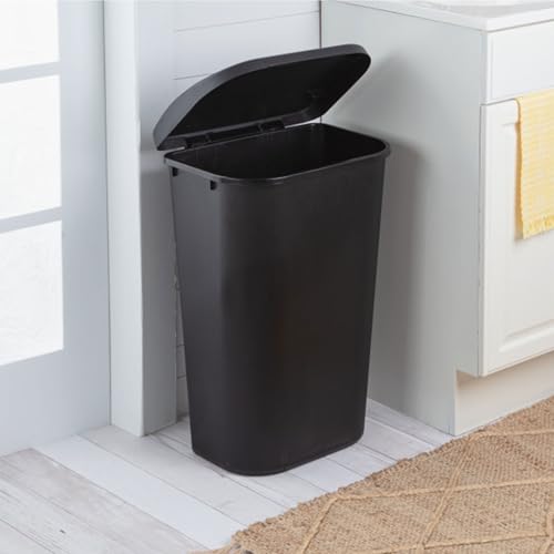 Sterilite 11.3 Gallon D Shape Flat Side Lift Top Lid Wastebasket Trash Can for Kitchen, Home Office, and Garage, or Workspace, Black (6 Pack)