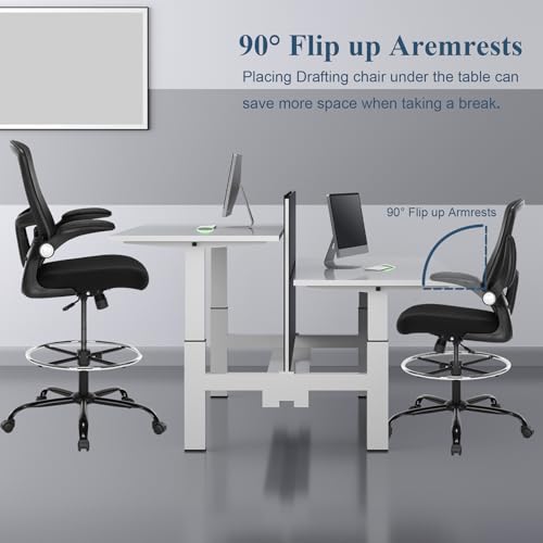 Luckyear Ergonomic Drafting Chair – Tall Office Chair for Standing Desk, Adjustable Height Mesh Chair with Footrest and Flip-Up Arms, Counter Stool, Black