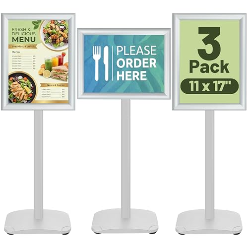 VAIIGO 3-Pack Sign Holder Stand with Heavy Duty Base, 11x17 Inch Pedestal Floor Standing Menu&Poster&Signage Holder, Stand for Display Indoor/Outdoor Restaurant, Store, Advertising, Silver