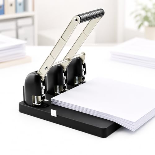 3 Hole Punch Heavy Duty, 150 -Sheet Three Hole Punch with Labor Saving Handle, Paper Feed Depth 12mm, Long-Lasting Durability, for Offices, Families, Study Rooms, Print Shops