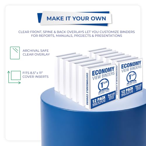 Samsill 1.5 Inch 3 Ring Binders, Economy Round Ring, Clear View Cover, 325 Sheet Capacity - for School, Home, Office - White, 12 Pack