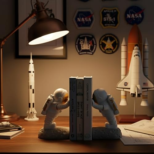 Joyvano Astronaut Bookends - Space Decor for Kids Rooms & Home Office - Heavy Duty Book Holders with Anti-Slip Base - Cool Unique Design (Gold)