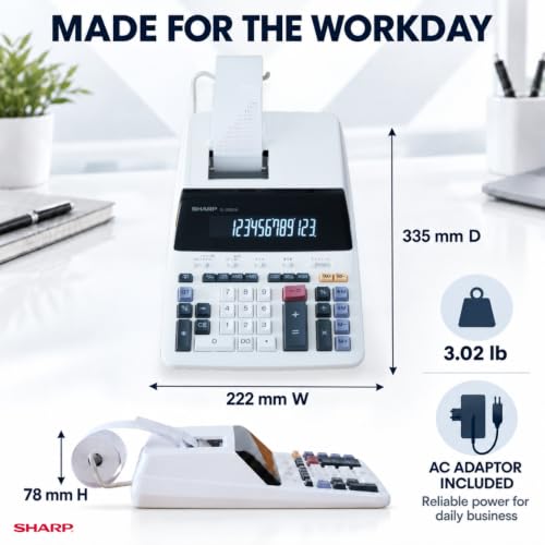 SHARP EL2630LW 12-Digit Commercial Printing Calculator with 4.5 LPS 2-Color Ribbon Printer, Large LED Backlit Display, Cost/Sell/Margin, Tax & Time Calculations, Item Count, AC Powered, White