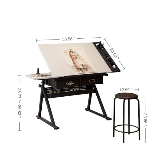 NestLude Adjustable Drafting Table with Stool, Tilting Art Desk with Storage Drawers for Home Office, Reading, Writing, Crafting. Perfect for Artists and Hobbyists (White)