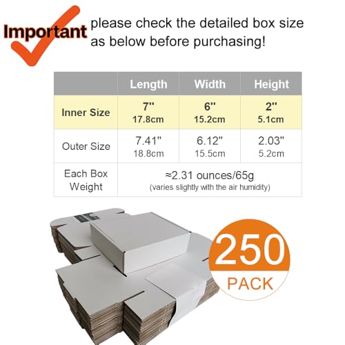 CH-BOX 250 Pack 7x6x2'' Small Shipping Boxes, Corrugated Cardboard Mailers for Business, White (CM762-250)