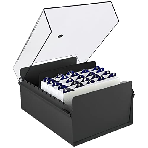 Acrimet 6 x 9 Card File Holder Organizer Box Metal Base Heavy Duty (AZ Index Cards and Divider Included) (Black Color with Crystal Plastic Lid Cover)