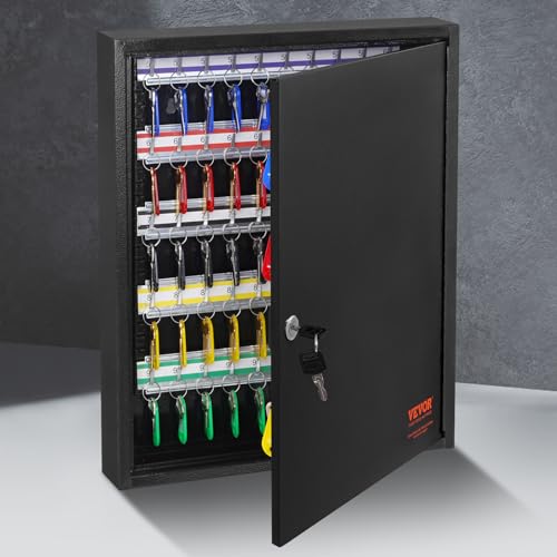 VEVOR 100-Key Cabinet, Key Lock Box with Adjustable Racks, Security Key Storage Box Steel, Key Organizer with 100 Colorful Key Tags and 2 Record Cards for School, Office, Hotel