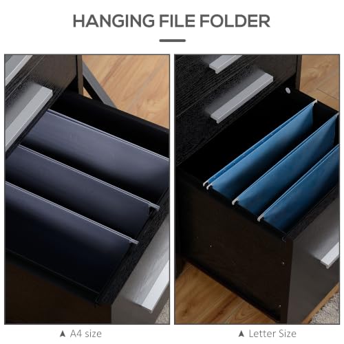 HOMCOM 3 Drawer File Cabinet Office Storage Lock, Wheels, Letter/A4, Black