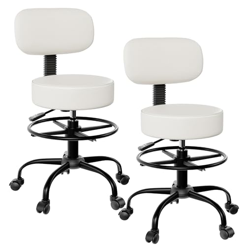 Anunweldo Drafting Chair with Back Support, Adjustable Foot Rest Rolling Stool, 360° Swivel Office Desk Chair with Wheels, Thick Seat Cushion for Home Bar Salon Tattoo Shop (2, White)