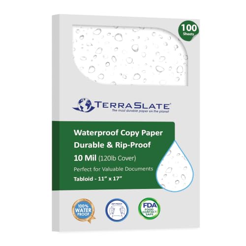 TerraSlate Copier Paper 10 Mil 11" x 17", Rain/Weather/Waterproof Paper, Laser Printer & Copy Machine Compatible, White (100 Sheets)