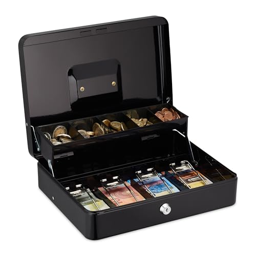 Relaxdays Cash Box Lockable, Coin Insert & 4 Note Compartments, Money Safe, Iron, HxWxD: 8.5 x 30.5 x 24.5 cm, Black