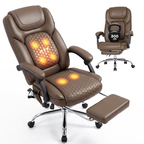 MALOL 300 lbs Big and Tall Massage Office Chair Set of 2-3-Level 65°C Targeted Heating, Easy Assembly Leather Desk Chair with Heat and Footrest, Executive Computer Chair with Side Pocket, Brown