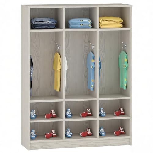 LHIUGE 3-Section Classroom Coat Locker,Kids Cubby Storage Organizer with 9 Cubbies,Wooden Lockers with 6 Hooks,Classroom Cubbies for Home, Office, School, Kindergarten