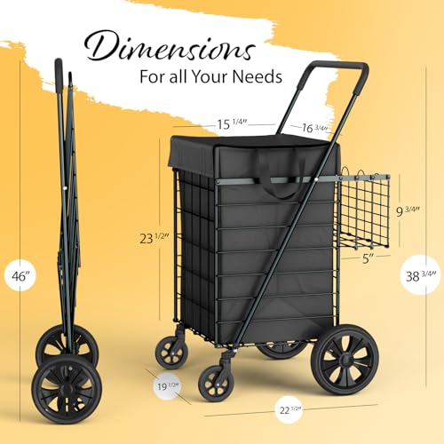 Our Modern Space Shopping Cart w/Waterproof Basket Liner & Large 360° Swivel Wheels | Foldable Collapsible & Lightweight | Perfect for Groceries Laundry Utility Cart - Black