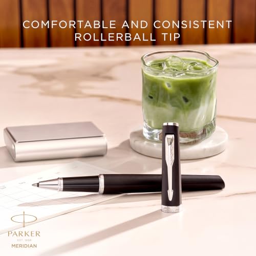 PARKER Meridian Rollerball Pen | Matte Black Lacquer with Chrome Trims | Fine Nib | Handwriting Pens & Stationery Supplies | Black Ink | Luxury Gift Box